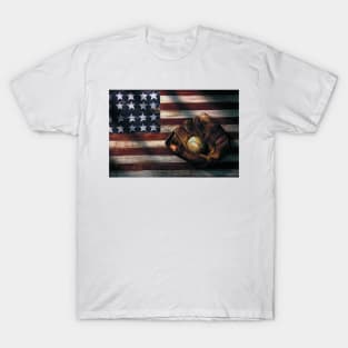 Folk art American flag and baseball mitt T-Shirt